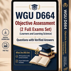 Könnte beinhalten: Ein digitales Tablet mit Lernmaterialien für das WGU D664 Objective Assessment, inklusive Eulen-Symbol, Bücherstapel und Doktorhut. Der Text umfasst 2 Full Exams Set, Learners and Learning Science sowie Questions with Verified Answers.
