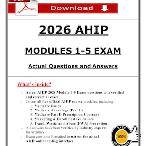 Può includere: Documento bianco con il testo "2026 AHIP MODULES 1-5 EXAM" e "Actual Questions and Answers". Include un sigillo "PASS 100% GUARANTEED" e un elenco degli argomenti dell'esame.