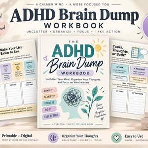 Puede incluir: El cuaderno de trabajo ADHD Brain Dump es una guía imprimible y digital de 31 páginas. La portada central presenta una silueta de cabeza estilizada, un icono de sol y un gráfico de planta, con páginas internas para organizar tareas y metas.