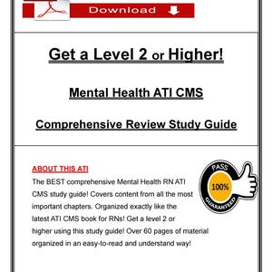 May include: A PDF document with a red and white header that says "Download". The document is a study guide for the Mental Health ATI CMS exam. The guide promises to help users get a Level 2 or higher.