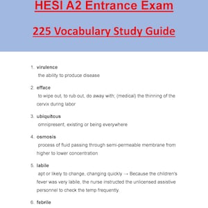 Op de afbeelding: Een studiehandleiding getiteld "HESI A2 Entrance Exam 225 Vocabulary Study Guide" met een lichtblauwe kop en rode tekst. De gids bevat vocabulaire woorden met definities, waaronder "virulentie", "efface", "ubiquitous", "osmose", "labiel" en "febrile".