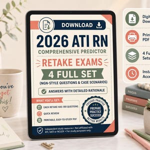 May include: A digital tablet displays a study guide for the 2026 ATI RN Comprehensive Predictor Retake Exams. The screen shows text, including "4 Full Set" and "Answers with Detailed Rationale." A mug with "You've got this!" sits nearby.