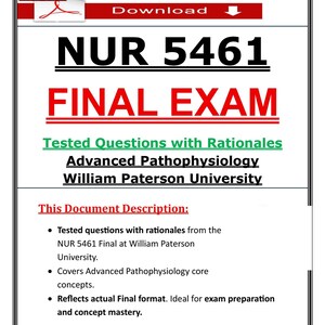 Peut inclure: Un document numérique intitulé NUR 5461 FINAL EXAM pour la physiopathologie avancée à l'Université William Paterson. La page présente une icône de téléchargement PDF rouge, du texte en gras noir et rouge, et une liste à puces de questions testées.