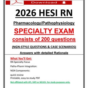 Könnte beinhalten: Ein herunterladbares PDF-Dokument mit dem Titel "2026 HESI RN", das sich auf Pharmakologie/Pathophysiologie konzentriert. Es enthält eine Spezialprüfung mit 200 Fragen und Antworten mit detaillierter Begründung. Für Studienzwecke.