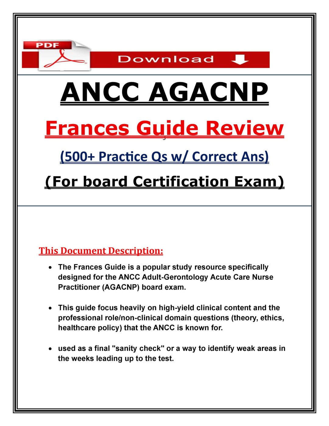 ANCC AGACNP Frances Guide Review | Practice Questions & Answers | 2026 ...