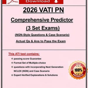 May include: A digital download document titled "2026 VATI PN Comprehensive Predictor" with "3 Set Exams". The document includes NGN-Style questions, case scenarios, and actual questions and answers. A "100% Guarantee" seal is also present.
