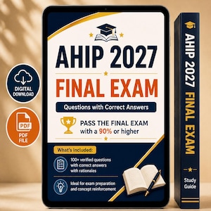 May include: A digital tablet displaying an AHIP 2027 Final Exam study guide with a graduation cap icon, a trophy, and a book with a pen. The screen text includes 'AHIP 2027 FINAL EXAM', 'Questions with Correct Answers', and '100+ verified questions'.