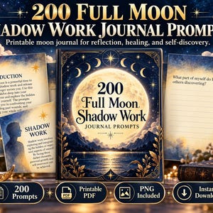 Puede incluir: Una colección de 200 prompts para diario de trabajo de sombra de luna llena con una portada central que muestra una gran luna, montañas y agua. Incluye páginas imprimibles con texto, un icono de PDF, un icono de PNG y descarga instantánea.