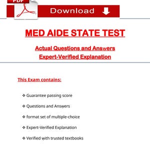 Può includere: Un documento bianco con il testo "MED AIDE STATE TEST" e "Actual Questions and Answers". Un banner rosso in alto recita "Download". Il documento elenca le caratteristiche tra cui la garanzia di superamento e le spiegazioni verificate da esperti.
