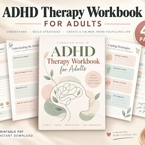 Peut inclure: Un cahier d'exercices de thérapie TDAH pour adultes sous forme de PDF imprimable de 40 pages. La couverture présente le profil d'une tête avec une illustration de cerveau, des formes aux tons doux, du texte et des pages intérieures de planificateur.