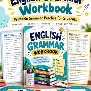 Op de afbeelding: Een Engels grammatica-werkboek met een stapel van vijf kleurrijke boeken met de labels Nouns, Verbs, Adjectives, Tenses en Sentences. De omslag bevat de tekst English Grammar Workbook, Build Strong Grammar Skills for a Brighter Future.