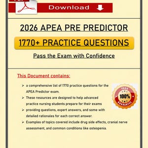 Op de afbeelding: Een PDF-document met de titel "2026 APEA PRE PREDICTOR" en de tekst "1770+ PRAKTIJKVRAGEN". Het document belooft studenten te helpen het examen met vertrouwen te halen. Het bevat oefenvragen en antwoorden van experts.