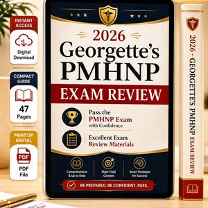 Könnte beinhalten: Ein digitales Tablet mit dem Cover von 2026 Georgette's PMHNP Exam Review, das ein goldenes Schildeblem, rote und blaue Akzente sowie Text zu den Prüfungsvorbereitungsmaterialien zeigt, neben einem passenden physischen Buchrücken rechts.