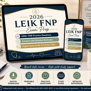 Op de afbeelding: Een digitale studiehulp voor de 2026 LEIK FNP Examenvoorbereiding, weergegeven op een tablet en smartphone. Het ontwerp heeft een marineblauw en goud kleurenschema, met pictogrammen en tekst die oefenvragen, gedetailleerde redenen en een studiegids benadrukken.
