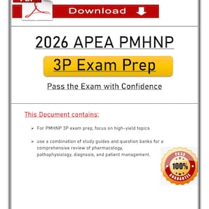 Peut inclure: Un document numérique intitulé "2026 APEA PMHNP 3P Exam Prep". Il présente un bouton "Télécharger" rouge et blanc, une bannière jaune avec "3P Exam Prep", et le texte "Réussissez l'examen en toute confiance". Un badge "Garantie 100%" est également visible.