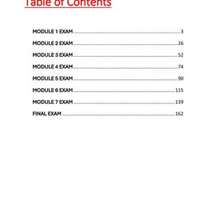 May include: A white page with the title "Table of Contents" in red. The page lists exam modules and page numbers, including "MODULE 1 EXAM...3", "MODULE 2 EXAM...26", and "FINAL EXAM...162".