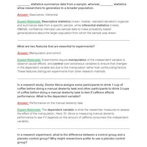 May include: A white document with black text, presenting questions and answers about statistics and research methods. The text includes terms like "descriptive," "inferential," "manipulation," and "control."