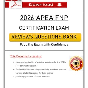 May include: A digital document with the title "2026 APEA FNP CERTIFICATION EXAM REVIEWS QUESTIONS BANK." The document includes a list of practice questions for the APEA FNP certification exam and is designed to help nursing students prepare for their exams.
