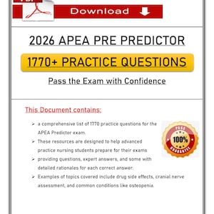 Puede incluir: Un documento PDF titulado "2026 APEA PRE PREDICTOR" con el texto "1770+ PRACTICE QUESTIONS". El documento promete ayudar a los usuarios a "Aprobar el examen con confianza". Incluye una insignia de "Garantía 100%".