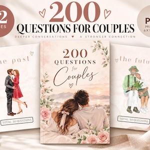 Może przedstawiać: Drukarka PDF zatytułowana 200 Questions for Couples, zawierająca 52 strony o wymiarach 15,24 na 22,86 cm. Okładka przedstawia parę patrzącą na zachód słońca, a dwa mniejsze wstawki pokazują ilustracje par oraz tekst Total 50 Questions.