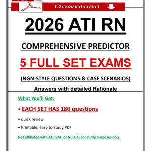 Puede incluir: Gráfico de descarga digital con el texto "2026 ATI RN Comprehensive Predictor" y "5 Full Set Exams". La imagen incluye un icono PDF y las palabras "Download" y "Each set has 180 questions."