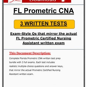 Puede incluir: Un documento PDF titulado "FL Prometric CNA" con "3 WRITTEN TESTS" en un cuadro amarillo. El documento incluye preguntas de estilo examen que reflejan el examen escrito real de Asistente de Enfermería Certificado Prometric de Florida.