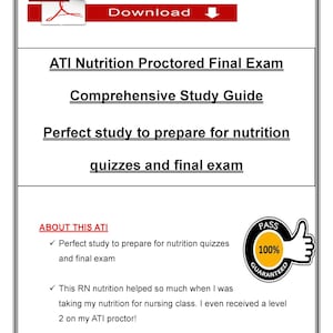 May include: A digital study guide for the ATI Nutrition Proctored Final Exam. The document includes the text "Comprehensive Study Guide" and "Perfect study to prepare for nutrition quizzes and final exam." A red bar at the top says "Download".