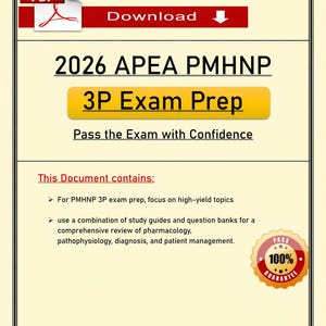 Peut inclure: Un document numérique avec une icône PDF rouge et blanche et un bouton "Télécharger" rouge. Le document est intitulé "2026 APEA PMHNP 3P Exam Prep" et promet d'aider les utilisateurs à "Réussir l'examen avec confiance".