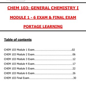 Puede incluir: Documento PDF con el título "CHEM 103: GENERAL CHEMISTRY I" y el texto "MODULE 1 - 6 EXAM & FINAL EXAM". Incluye una tabla de contenidos con módulos de examen y números de página.