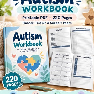 Puede incluir: Un libro de trabajo sobre autismo de 220 páginas con una portada que muestra un gráfico de corazón en forma de rompecabezas. Incluye páginas de planificación, seguimiento y apoyo para información vital, metas y citas.