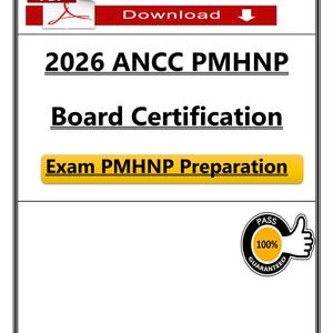 May include: A white document with black text, including "2026 ANCC PMHNP Board Certification" and "Exam PMHNP Preparation." A red banner at the top reads "Download." A circular badge guarantees a 100% pass rate.
