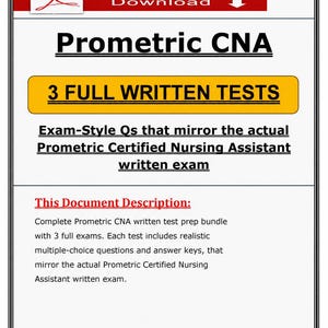Puede incluir: Documento PDF descargable titulado "Prometric CNA". El documento presenta el texto "3 FULL WRITTEN TESTS" en un cuadro amarillo y una descripción del paquete de preparación para el examen.