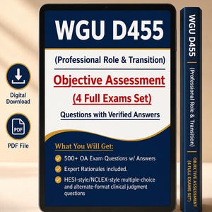 Op de afbeelding: Een digitale tablet met studiemateriaal voor WGU D455 Professional Role & Transition, inclusief 4 volledige examens, 500+ vragen met geverifieerde antwoorden en expert-toelichtingen. Rechts staat een bijpassende blauwe rug van een boek.
