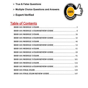 Könnte beinhalten: Ein weißes Dokument mit Text, darunter "Module 1-6 Exam & Final Exam Review Guide", "True & False Questions" und "Multiple Choice Questions and Answers". Ein "100% Guaranteed"-Siegel befindet sich in der oberen rechten Ecke. Das Inhaltsverzeichnis listet die Examensmodule auf.