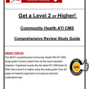 May include: A study guide with the text "Get a Level 2 or Higher! Community Health ATI CMS Comprehensive Review Study Guide." Includes a "100% Guaranteed" badge and a PDF download icon.