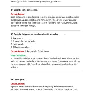 May include: A white page with black text explaining biological concepts. The text includes questions about sickle cell anaemia, bacteria, and genes, along with their answers and explanations. The document appears to be a study guide or educational material.