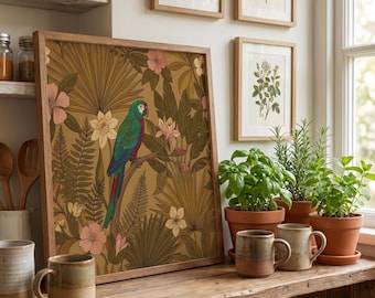 Vintage Tropical Bird Prints | Botanical Wall Art Decor | Exotic Parrot & Hummingbird | Earthy Jewel Tones | Digital Download