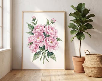 Pink Peony Watercolor Art Print | Botanical Floral Bouquet Digital Download | Boho Cottagecore Home Decor | Mother's Day Gift