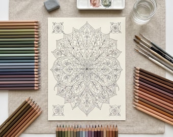 Mom's Floral Mandala Coloring Book | Adult Relaxation Printable Pages | Detailed Botanical Line Art Digital Download