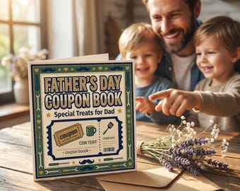 Fathers Day Coupon Book Printable | Vintage Ticket Style Dad Gift | Navy Green Gold Cream | Digital Download Activity