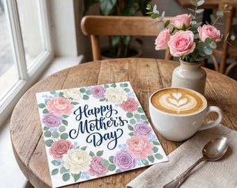 Mother's Day Watercolor Floral Clipart | Blush Peony Rose Wreath Graphics Bundle | Printable Card Template Digital Download