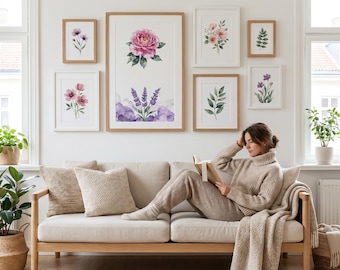Botanical Wall Art Prints | Watercolor Floral Gallery Set | Pink Purple Lavender Rose Peony Printable Digital Download for Home Decor Gift