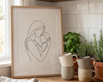 Motherhood Art Print | Minimalist Mom & Baby Line Art Wall Decor | Abstract Nursery Printable | Neutral Tones Digital Download