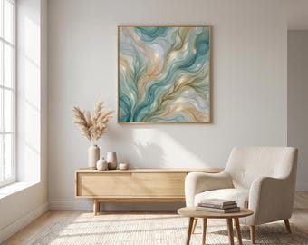 Abstract Fluid Art Print | Teal Sage Green Beige Gold Wall Art | Modern Healing Decor Digital Download | Printable Fine Art