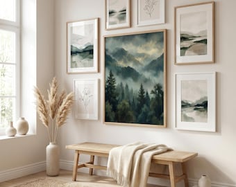 Misty Mountain Forest Painting | Dark Teal Green Landscape Art | Moody Nature Print | Rustic Cabin Decor Digital Download