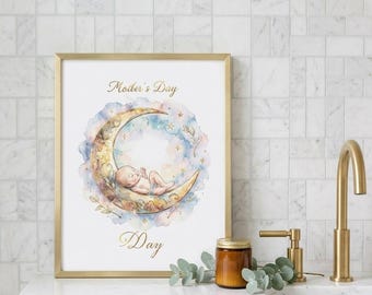 Mother's Day Celestial Art | Ethereal Watercolor Moon & Stars Print | Printable Wall Decor for Mom Gift | Digital Download