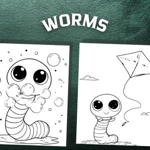 子供向けワームぬり絵 - 印刷可能な面白い動物ぬり絵シート、PDFデジタルダウンロード