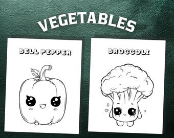 May include: Two black and white illustrations of vegetables on white paper. One shows a bell pepper with a stem and leaf, the other a broccoli. The word "Vegetables" is above the illustrations.