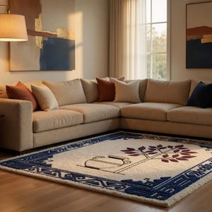 May include: A beige sectional sofa with several throw pillows in shades of brown and navy blue. A cream-colored rug with a blue border and a tree design is on the floor. A floor lamp and artwork complete the living room setting.
