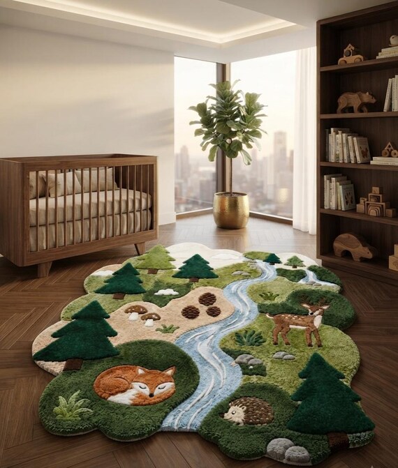 Handmade Wool Woodland Rug, Forest Animal Nursery Decor (6x9 FT)